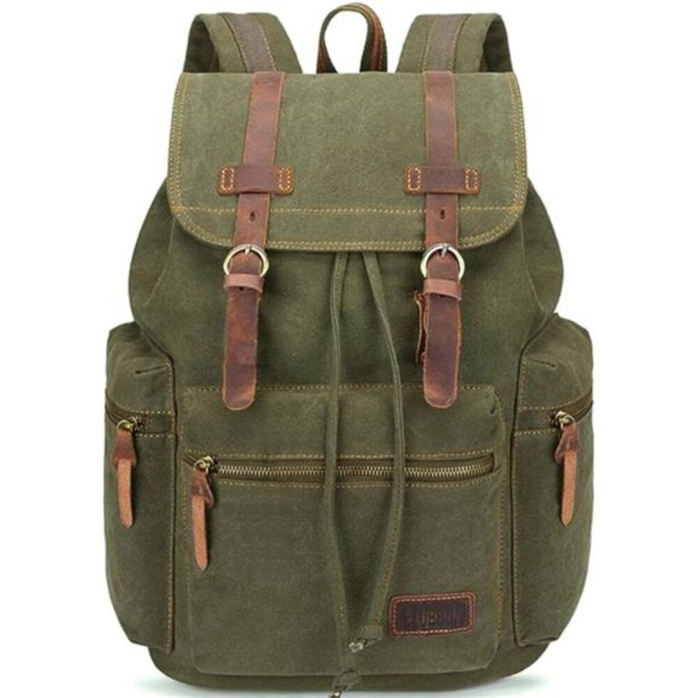 Retro Backpack Leather Trim Casual Light Green - Picture 1 of 6